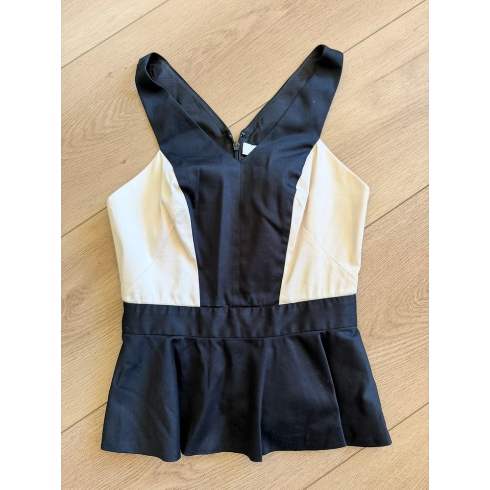 Robert Rodriguez Womens Black White Colorblock V-Neck Peplum Cutout Back Top 2